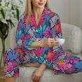 thumbnail image 5 of KLL Tropical Leaves Print Women's Long Sleeve Pajamas with Pants Sleepwear Loungewear 2 Set-Medium, 5 of 7