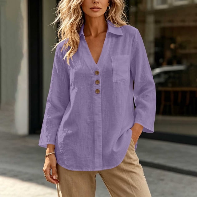 Neewe Womens Cotton Linen Solid Lapel Long Sleeves Button Down Shirt Top Casual Basic Daily Blouse