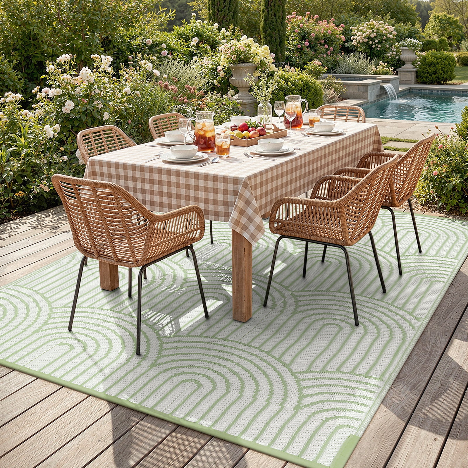 Lahome Decor 6’X9’ Rainbow Outdoor Rug for Patio,Beach Mats Waterproof, Camping Rug for Outside RV, Portable Plastic Straw Outdoor Area Rug for Backyard, Garden, Pool Deck,Green