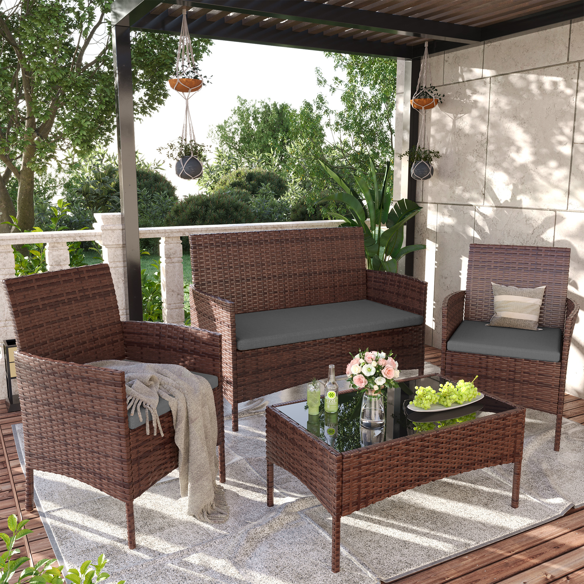 MRUAKA Patio Furniture Set 4 Pieces Porch Furniture Outdoor Modular Wicker Patio Sectional Conversation Furniture Set for Backyard,Porch,Garden,Poolside and Balcony(Grey)