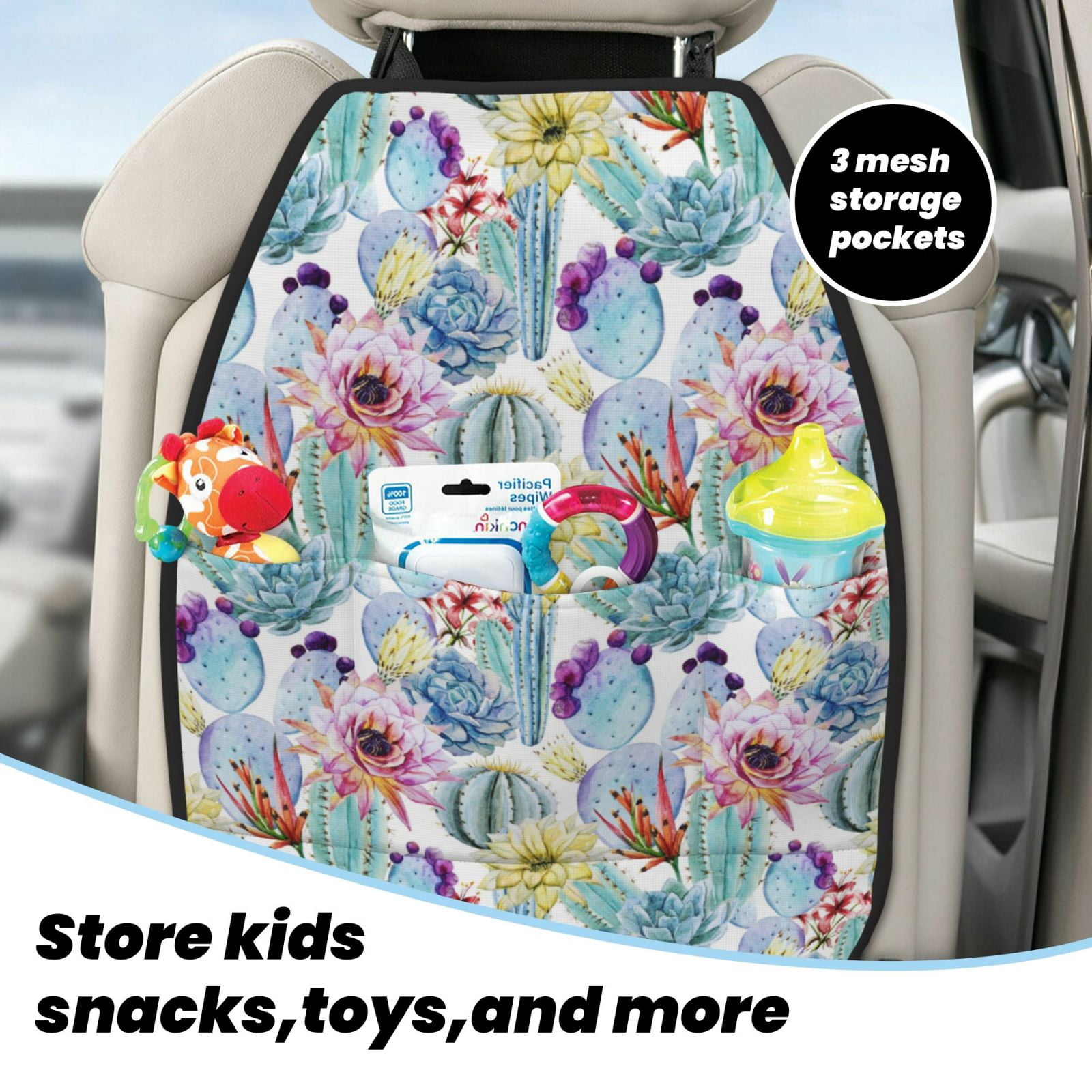 Xecao Cactus Pattern Car Seat Back Protector 2 Pack Large Capacity Pocket, Kick Mats Back Seat Protector