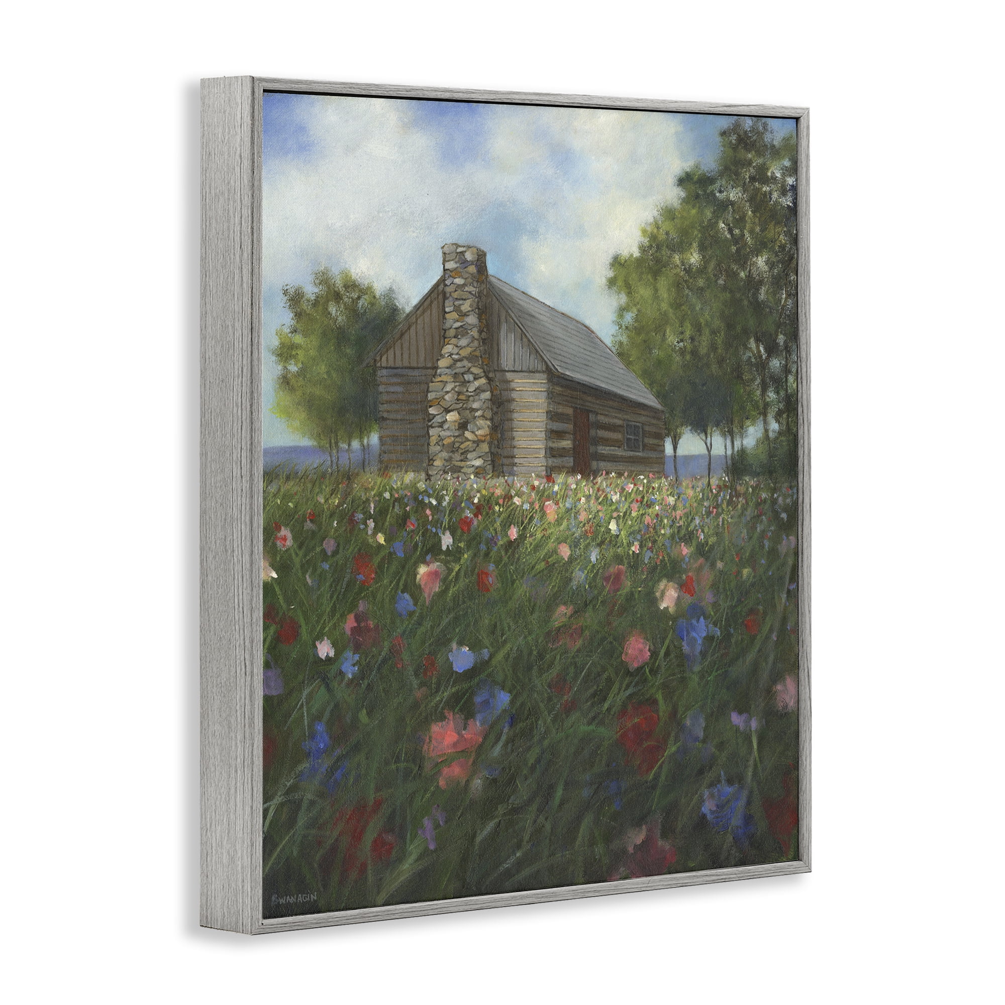 Stupell Industries Log Cabin Meadow Landscape Painting Gray Framed Art Print Wall Art, 16 x 20