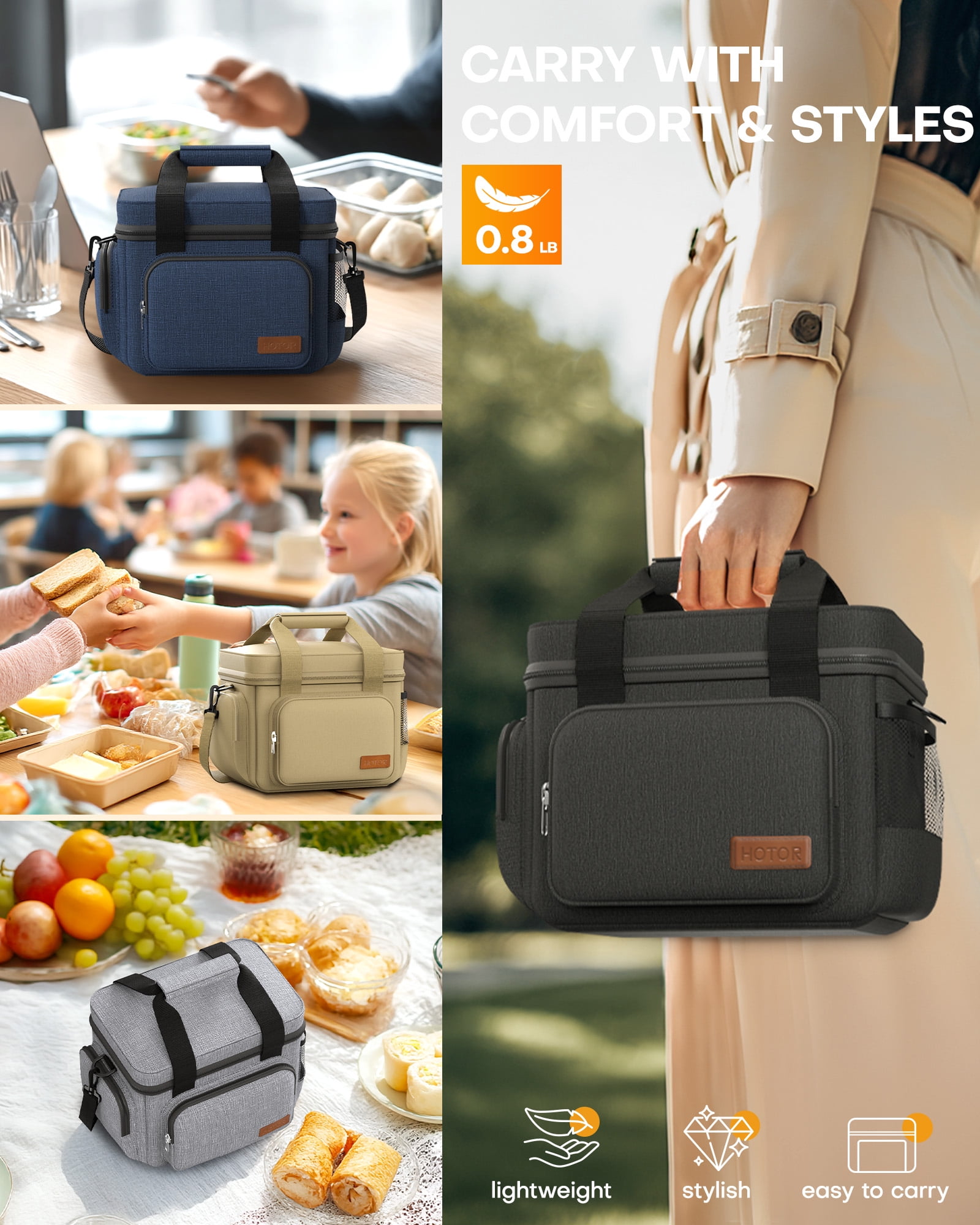 HOTOR Insulated Lunch Box, Leak-Proof Cooler Bag with Adjustable Strap & Multiple Pockets, 9.8" x 8.7" x 5.9", Black