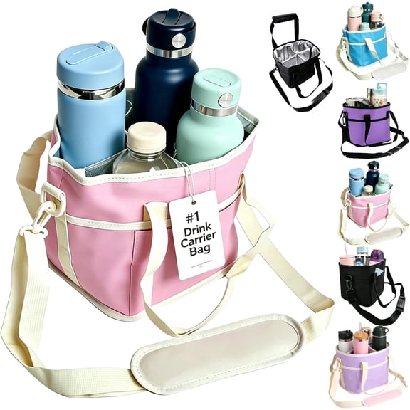 Insulated Drink Carrier Bag for 4 Cups, Multiple Tumbler Carrier Caddy, Family Size 4 Compartment Drink Bag, Water Bottle Holder with Adjustable Strap, Drink Caddy Tote for Coffee, Travel, Outings