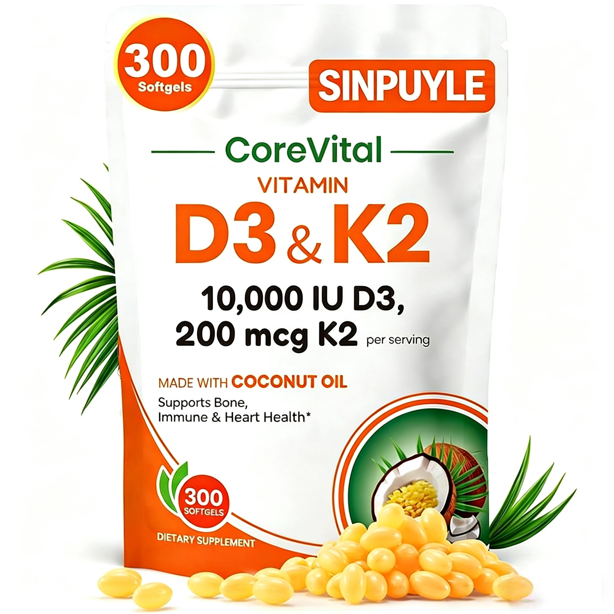 Vitamin D3 K2 Supplement with Coconut Oil, 10000 IU Vitamin D3 & 200 mcg Vitamin K2, Supports Bone, Immune & Heart Health, 300 Softgels