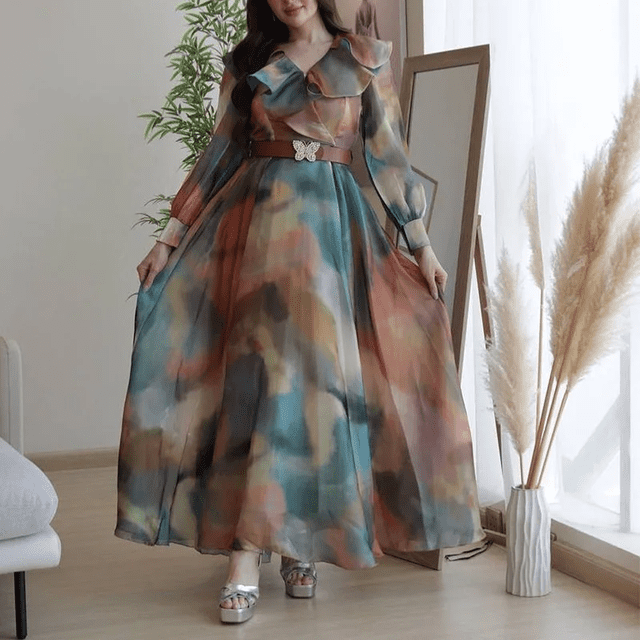 Plus Size High-end Dress Classic Large-volume Double-layer Ruffle High-waisted Fairy Women's Skirt Oil-color Elegant Neckline