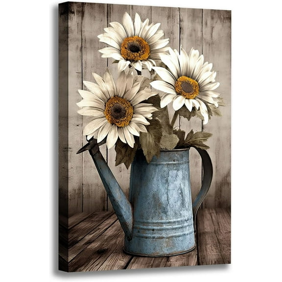 Rustic Farmhouse Wall Art Vintage White Sunflower Painting Wall Decor Wooden Background Canvas Print Country Sunflower Artwork for Bathroom Home Decor