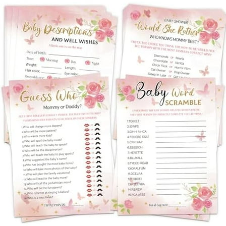 Baby Shower Games for Girl, 4 Fun Games for 25 Guests, Pink Floral Baby Shower Decorations, Who Knows Mommy Best, Guess Who Mommy or Daddy, Word Scramble, Babies Descriptions & Well Wishes