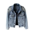 thumbnail image 2 of Heisall Women's Denim Jackets Heavy Work Rhinestone Embellished Short Long Sleeve Pearl Decorated Casual Jacket, Casual Fashion, 2 of 6