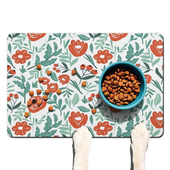 Pet Feeding Mat with Small Floral Retro Watercolor Design, Absorbent Waterproof Non-Slip Dog Food Mat