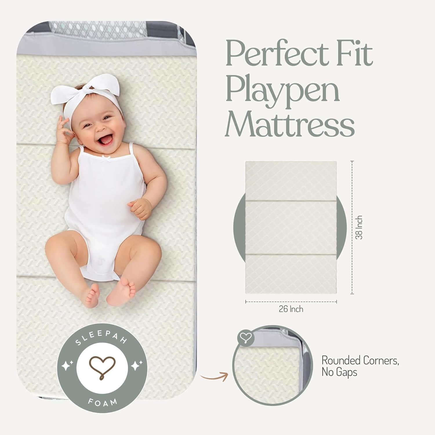 Sleepah Pack and Play Mattress Waterproof & Washable Cover Foldable Tri-Fold Pad 38 x 26 x 1" Pad for Babies and Toddlers Play Yards Mattresses Fits Most Playpens