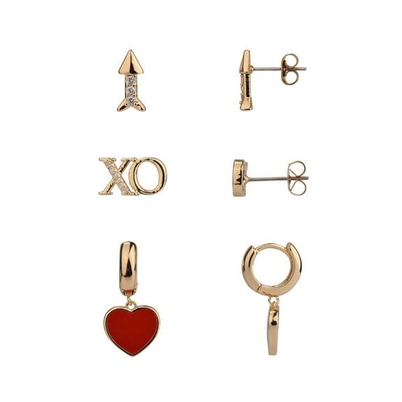 Believe by Brilliance Female 14kt Gold Flash Plated Heart Arrow and XO CZ Stone Multi Earring Set