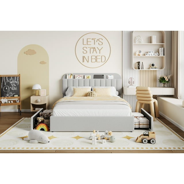 PIONEERWORKS Full Bed Frame with Storage Headboard, Boucle Upholstered Platform Bed with Bookcase & 2 Drawers, No Box Spring Needed, Easy Assembly, Grey