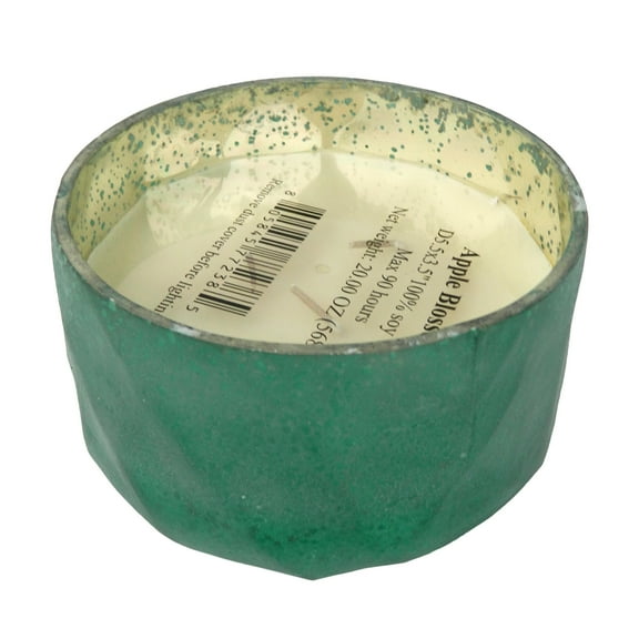 Geometric Te x tured Detail Glass Scented Soy Wa x Candle - Apple Blossom Scent - Blue Finish