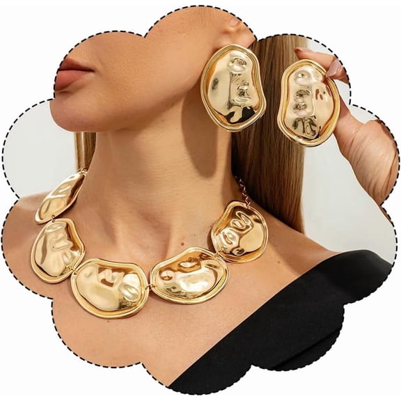 Chunky Gold Necklace Set for Women African Thick Boho Necklace Hoop Earrings Bracelets Ring Set Punk Jewelry