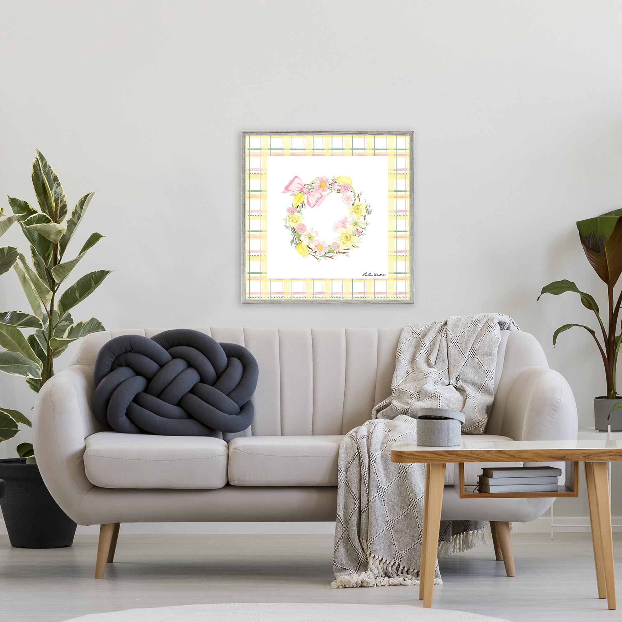 Wreath in Spring Pastels Gray Framed Giclee Art, design by Lee Ann Sanders