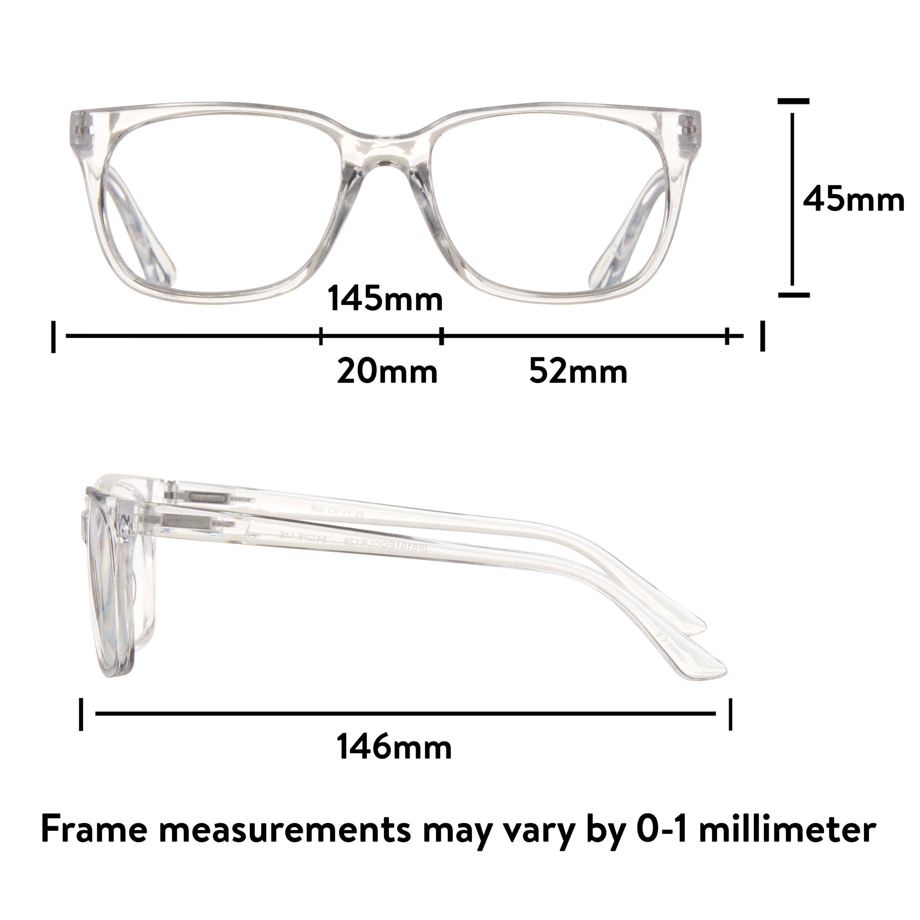 Equate Unisex Rectangular Reading Glasses with Case, Clear, +3.00