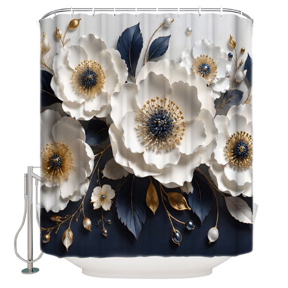 Cream Beige Flowers Bathroom Shower Curtains with 12 Hooks Polyester Waterproof Shower Curtain for Stalls and Bathtubs Modern Chic Floral Navy Blue Leaves Decorative Bathroom Curtain 54x78 Inches