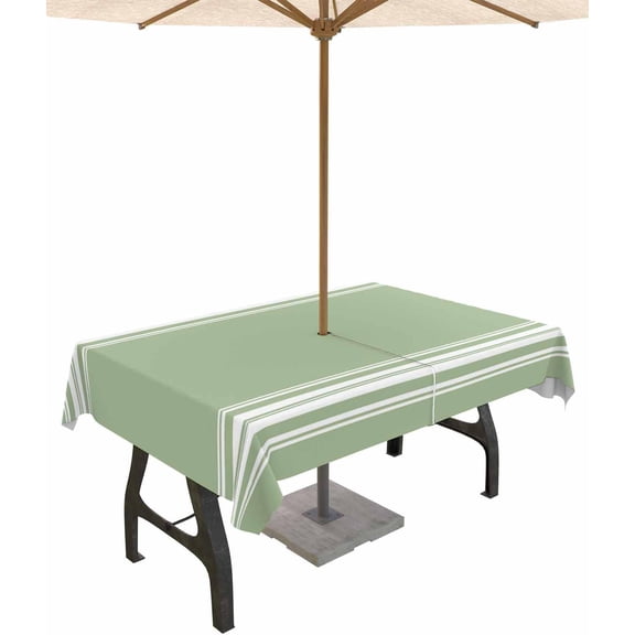 Outdoor Tablecloth with Umbrella Hole and Zipper 60 x 84 Inch Sage Green White Stripes Table Cover for Rectangular Tables Waterproof Tabletop Collection for Patio Garden Picnic Camping