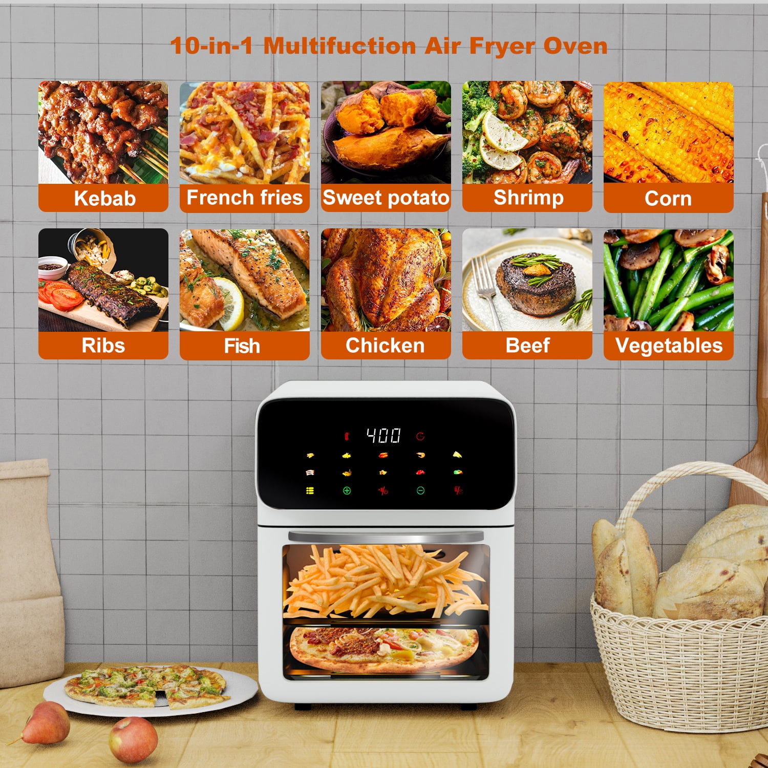 Bluebow Air Fryer 12QT Convection Oven with 10-in-1 Multi Function, Visible Window and Touchscreen, White