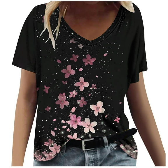 Perfectbot Blouses for Womens Floral Print Fashion Relaxed Summer V Neck Short Sleeve Shirts ,S-XXL