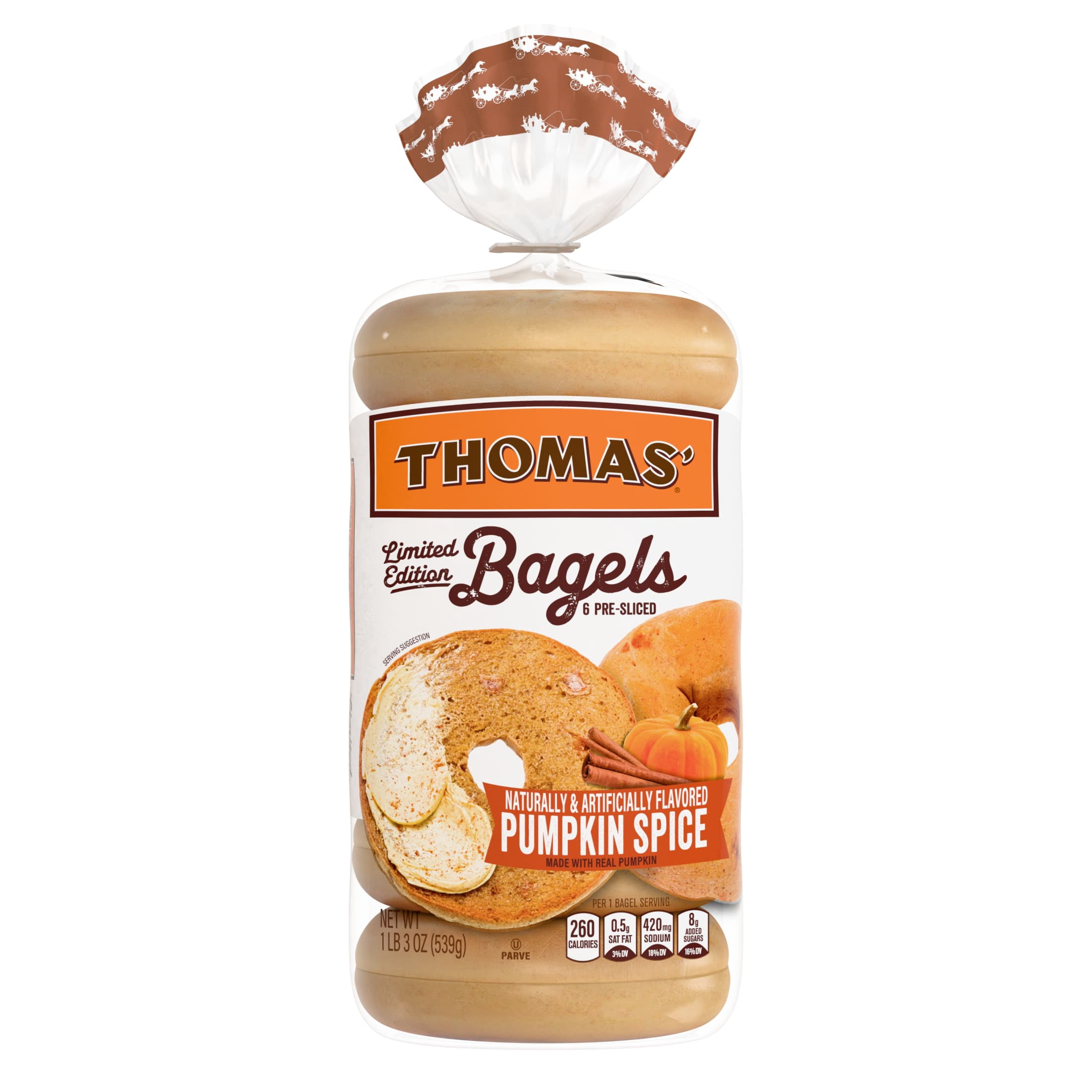 Thomas' Pumpkin Spice Bagels, 6 count, Bagels, 19 oz Bag