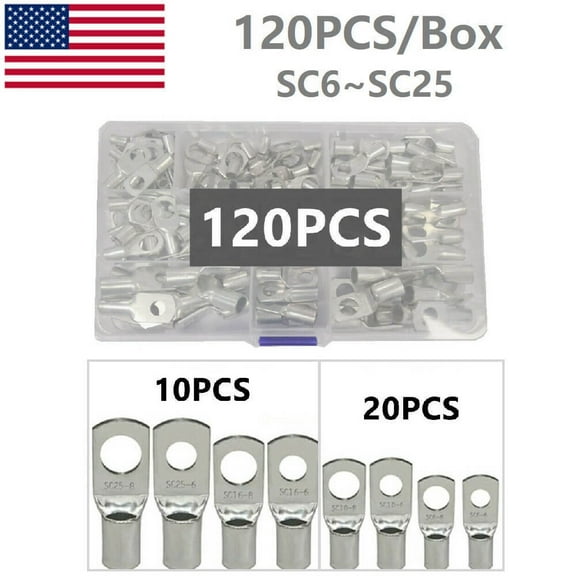120Pcs Heavy Duty Wire Lugs Battery Cable Ends Copper Tubular Ring Terminals