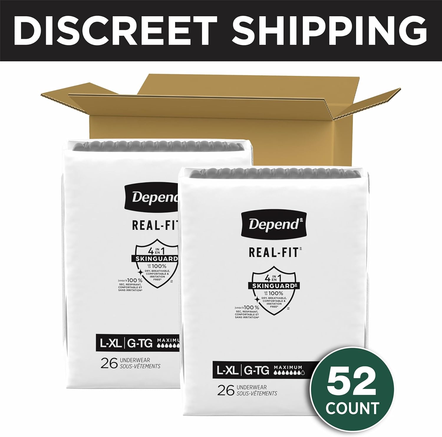 Depend Real Fit Incontinence Underwear for Men, Disposable, Maximum Absorbency, Large/Extra Large, Black, 52 Count (2 packs of 26), Packaging May Vary