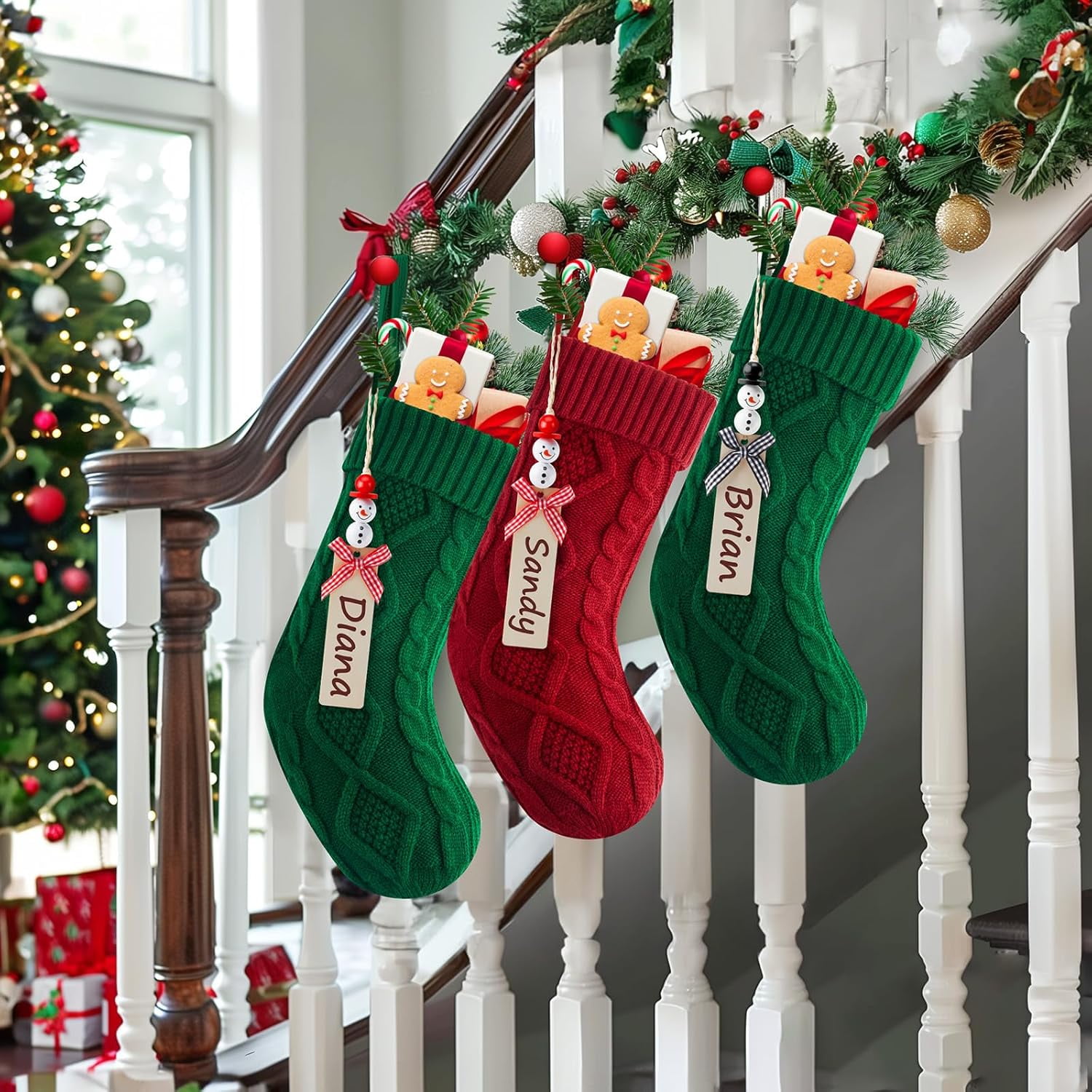 Dalrosia Personalized Christmas Stockings - 18 Inches Hanging Stockings with DIY Snowman Name Tags, 4PCS Large Size Knitted Stockings for Mantels, Christmas Tree Family Holiday Decor