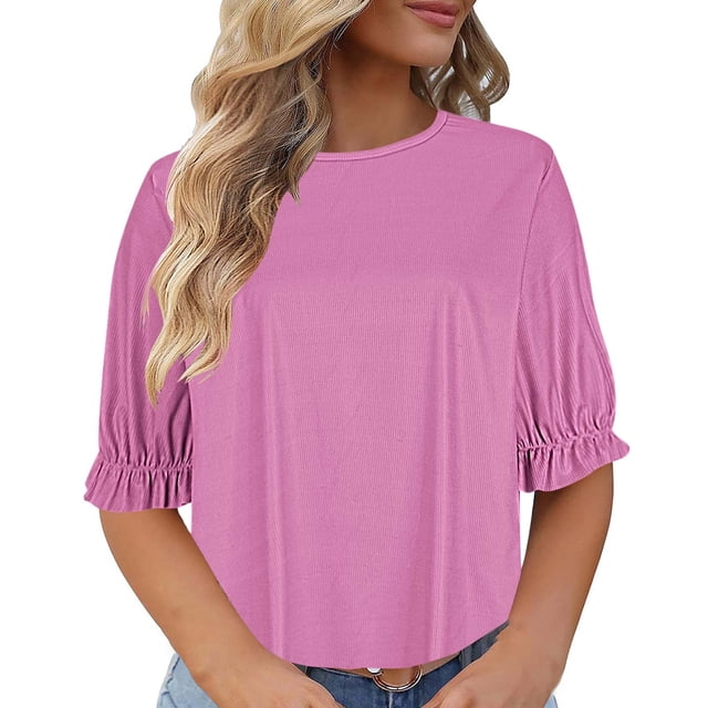 AherBiu T-Shirts pour Femmes Grande Taille Col Rond Manches Courtes Bouffantes T-Shirts d'Été Décontractés Coupe Ample Unis