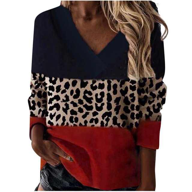 Pompotops T-Shirt Décontracté à Manches Longues pour Femmes Grande Taille Patchwork Léopard Col en V
