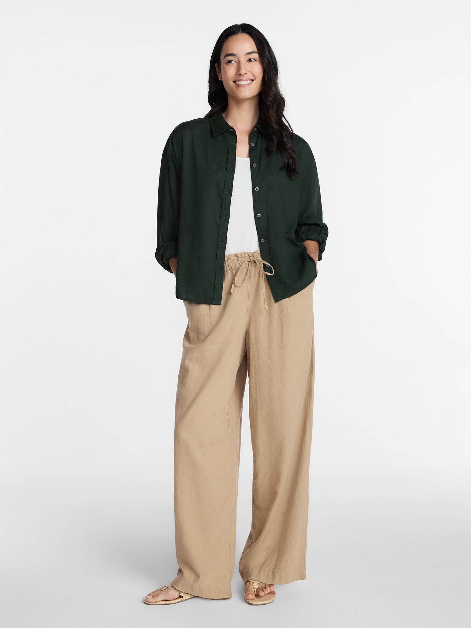 Time and Tru Women's Linen Blend Button Front Cropped Top with Long Sleeves, Sizes XS-XXXL