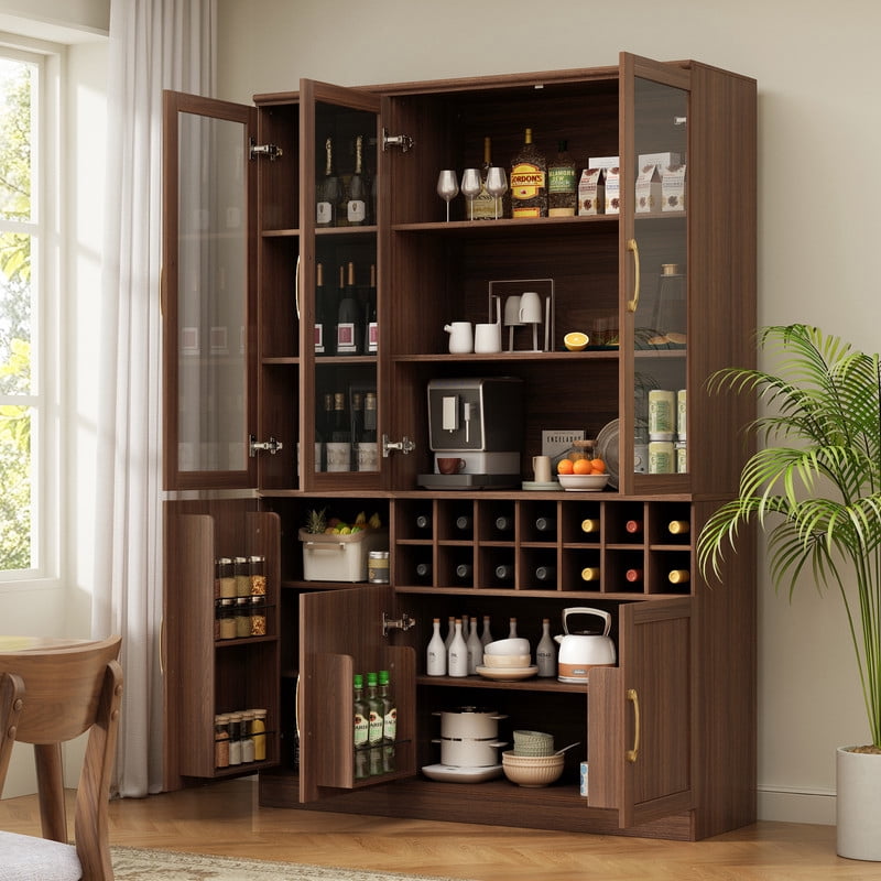 70.87" Tall Home Bar Cabinet with Glass Doors, Storage Cabinet with Removable Wine Cubbies, Kitchen Pantry with Adjustable Shelves