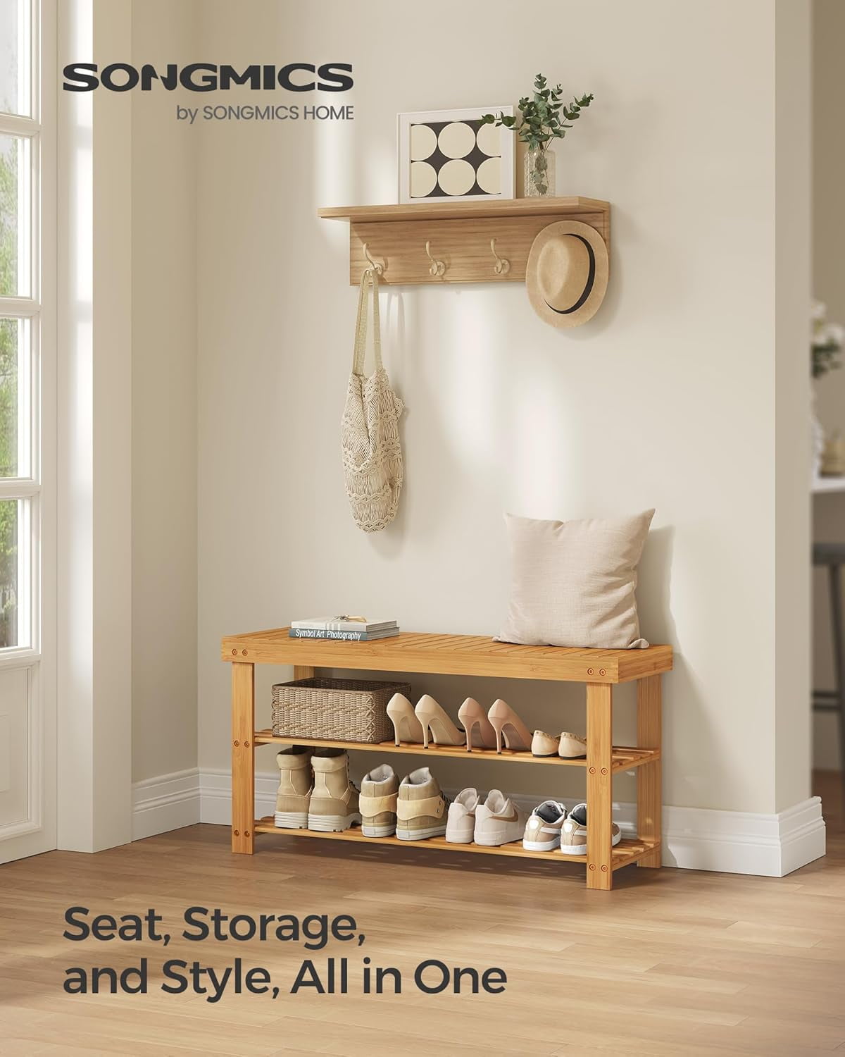 3-Tier Shoe Rack Bench, Hallway Bamboo Organizer, Home Storage Shelf with Holds 286 lb, Natural