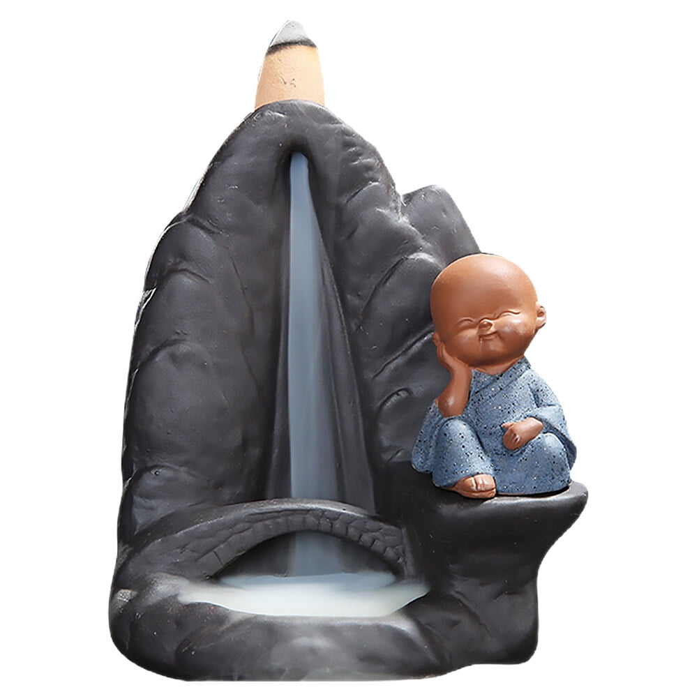 Backflow Waterfall Incense Cone Burner Holder with Monk Statue Decor