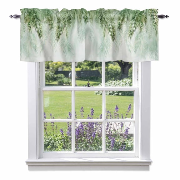 Green Palm Leaves Kitchen Curtain Valances for Windows Farmhouse Short Curtains, Summer Botanical Tropical Rod Pocket Valance Curtain for Bedroom Cafe Living Room