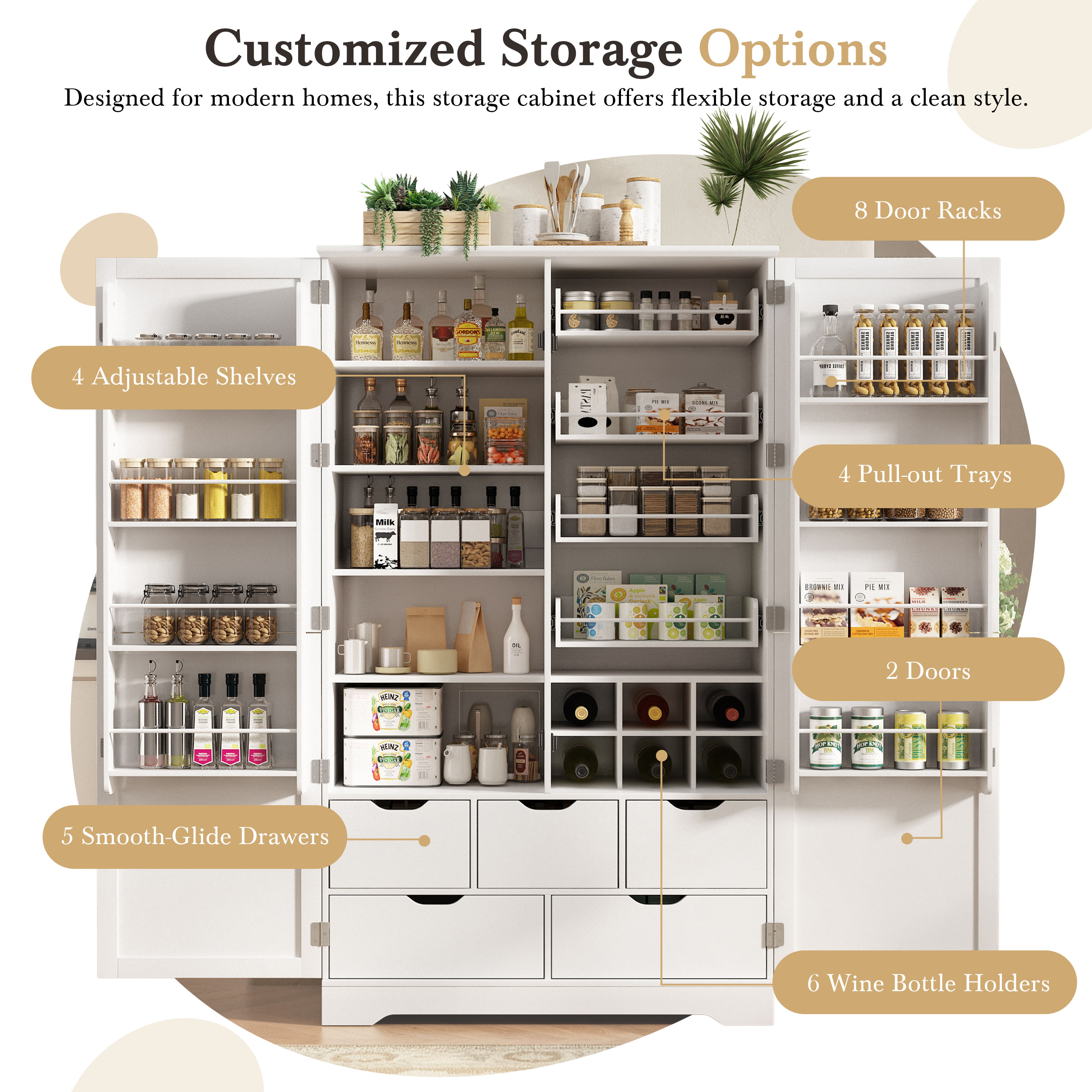 Mintazer 72" Tall Freestanding Kitchen Pantry Cabinet with 5 Drawers, Adjustable Shelves, Pull‑Out Trays & Door Storage Racks for Kitchen Dining Room Living Room, White