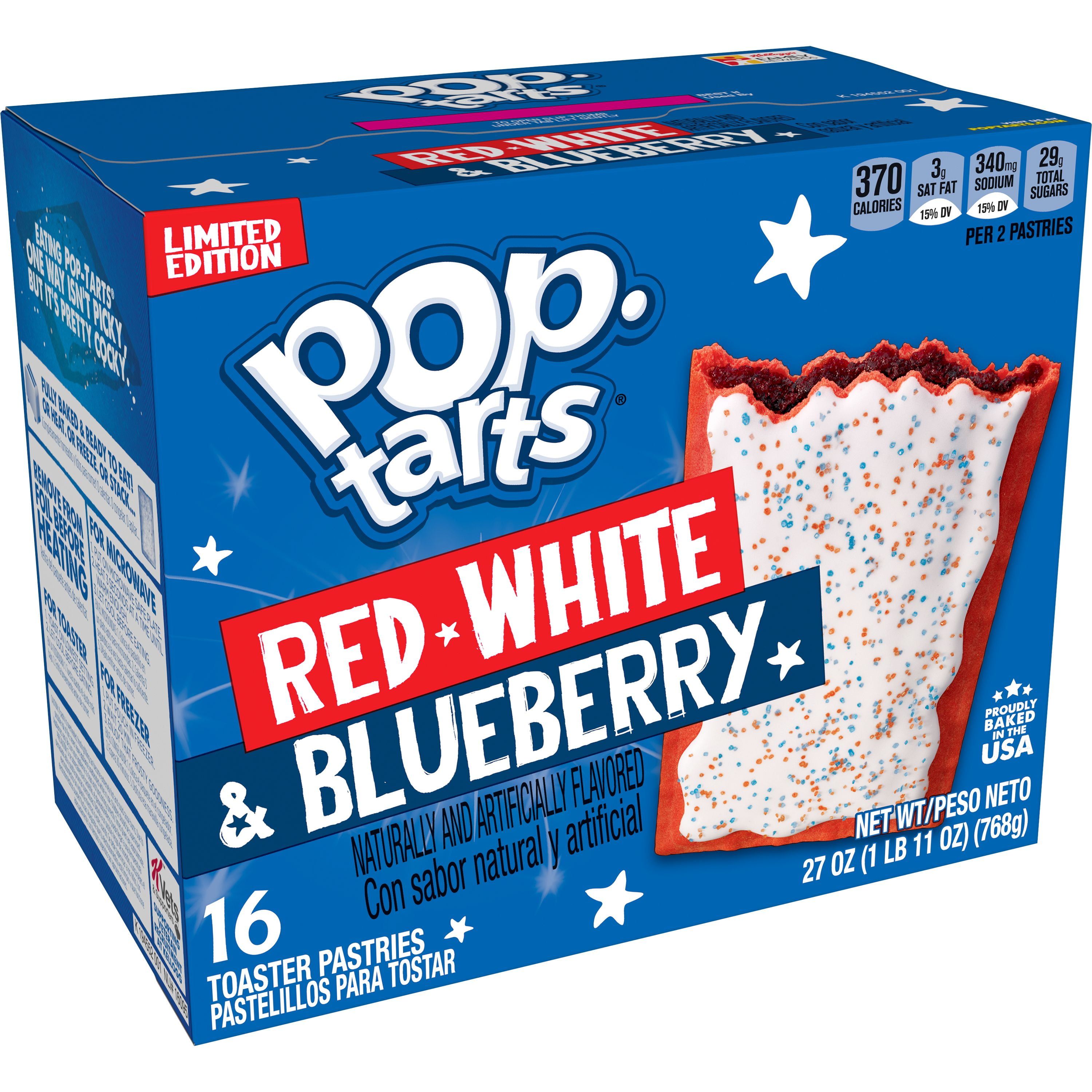 Pop-Tarts Toaster Pastries, Red, White and Blueberry, 16 Ct, 27 Oz, Box
