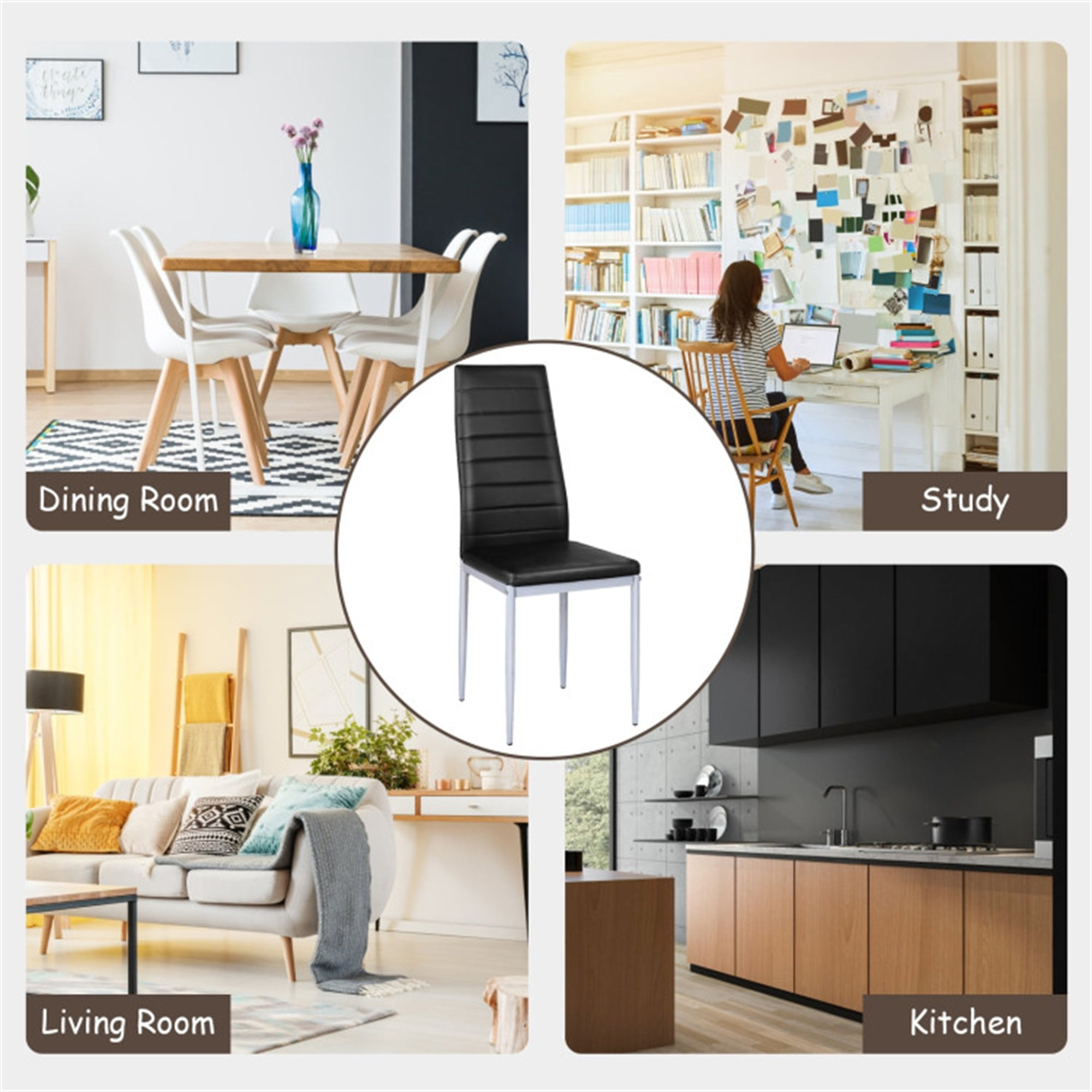 Demi Bonn Set of 4 PVC Leather Dining Side Chairs Elegant Design for Dining Room Living Room, Black