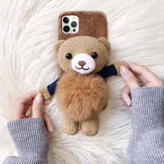 Compatible with iPhone 7 Cute Case Lovely Plush Furry Cartoon 3D Bear Kickstand for Women and Girls Kawaii Case Soft TPU Shockproof Protective Cover for iPhone 7, Brown
