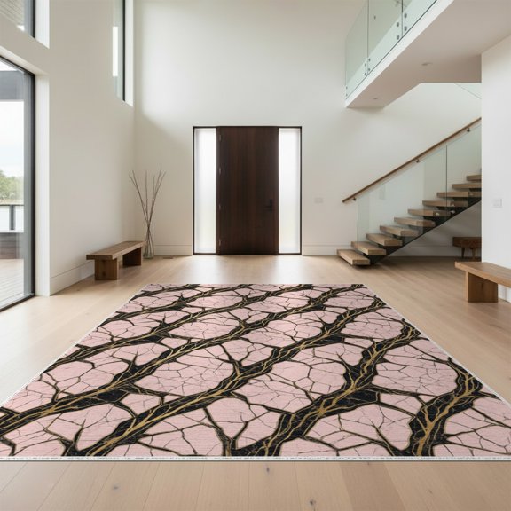 Design&I 8'x10' Washable Area Rug Blush Charcoal Swirls Sophisticated Modern Veined Surface Motif for Living Room, Family Extra Large Skid-Resistant Low Profile