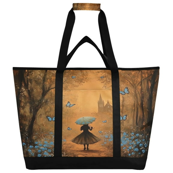 WOBOGO Blue Butterfly Forest Tote Cooler Bag Fold Flat Insulated Shopping Bag With Zipper For Work Picnic Beach Use 18×6.7×24in
