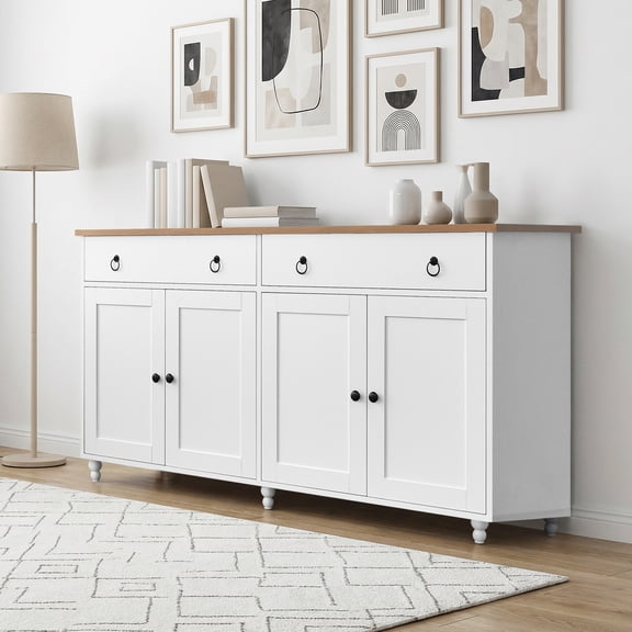 4 EVER WINNER 55'' Farmhouse Buffet Cabinet, kitchen cabinet with Storage, Large Storage Cabinet with 4 Doors &2 Drawers, Coffee Bar Cabinet with Adjustable Shelves for Kitchen, Dining Room, White