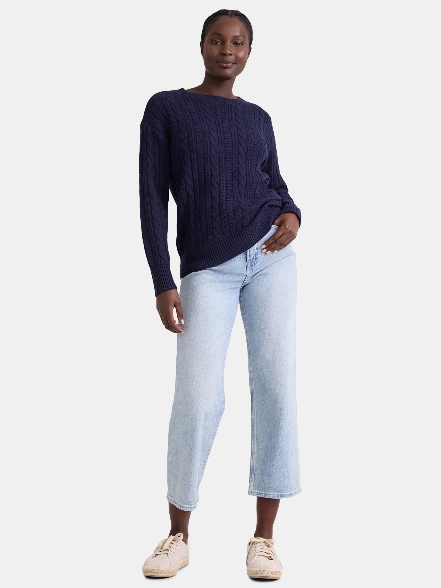 Time and Tru Women's Cable Knit Pullover Sweater, Midweight, Sizes XS-XXXL
