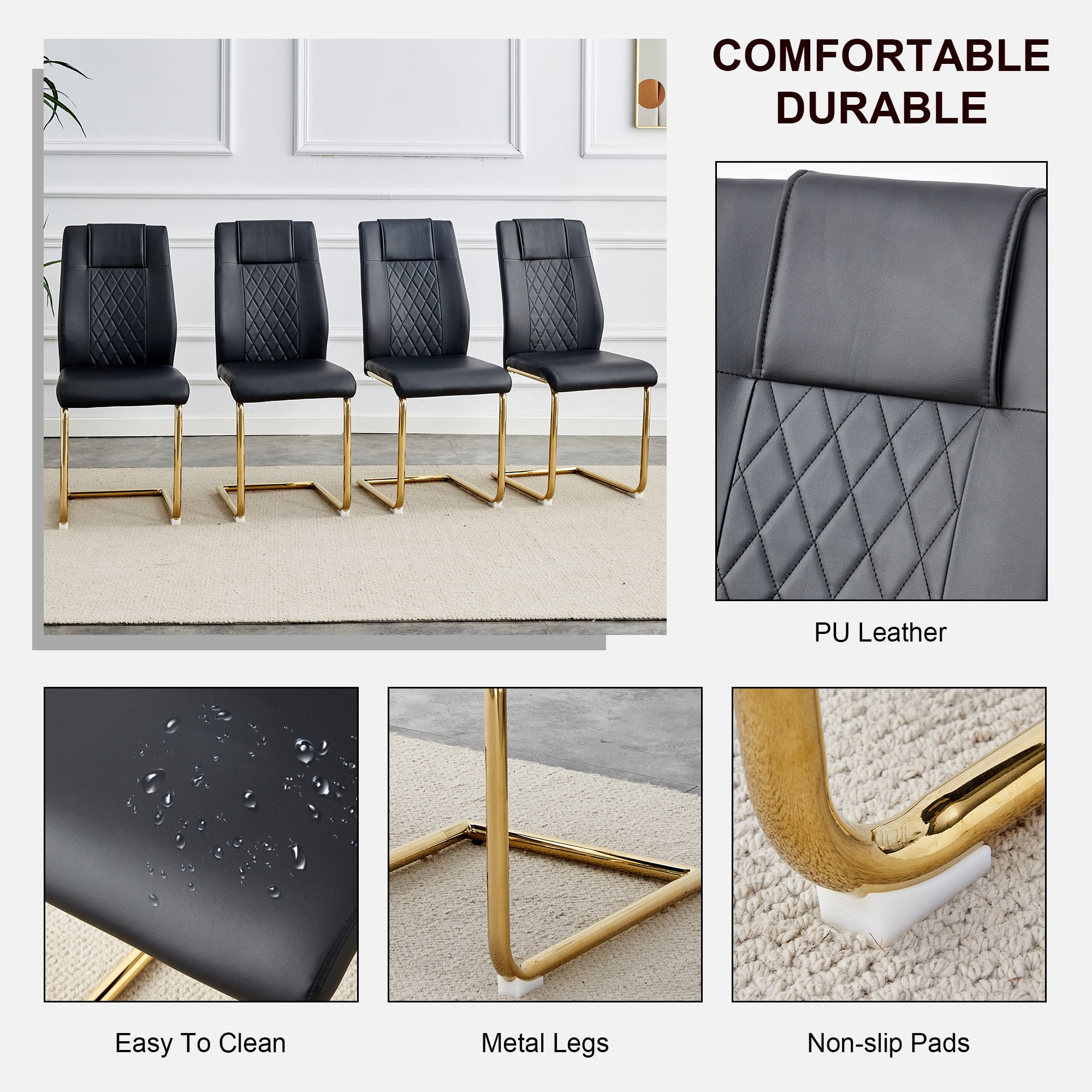 NYEESS Set of 4 Black Armless Dining Chairs with Waterproof Faux Leather Upholstered Seat Gold Electroplated Metal Frame for Kitchen Dining Room