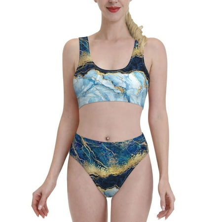 Bixox Blue Marble Pattern Two-Piece Sports Bikini with U-Shaped Top and High-Waist Bottom - Women s Swimwear with Removable Bra Pads