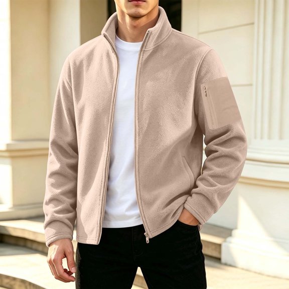 Xdegoge Fleece Jacket Men Zip Up Warm Winter Comfy Coat with Zipper Pockets Stand Collar Thermal Outerwear for Hiking Camping Outdoor Work