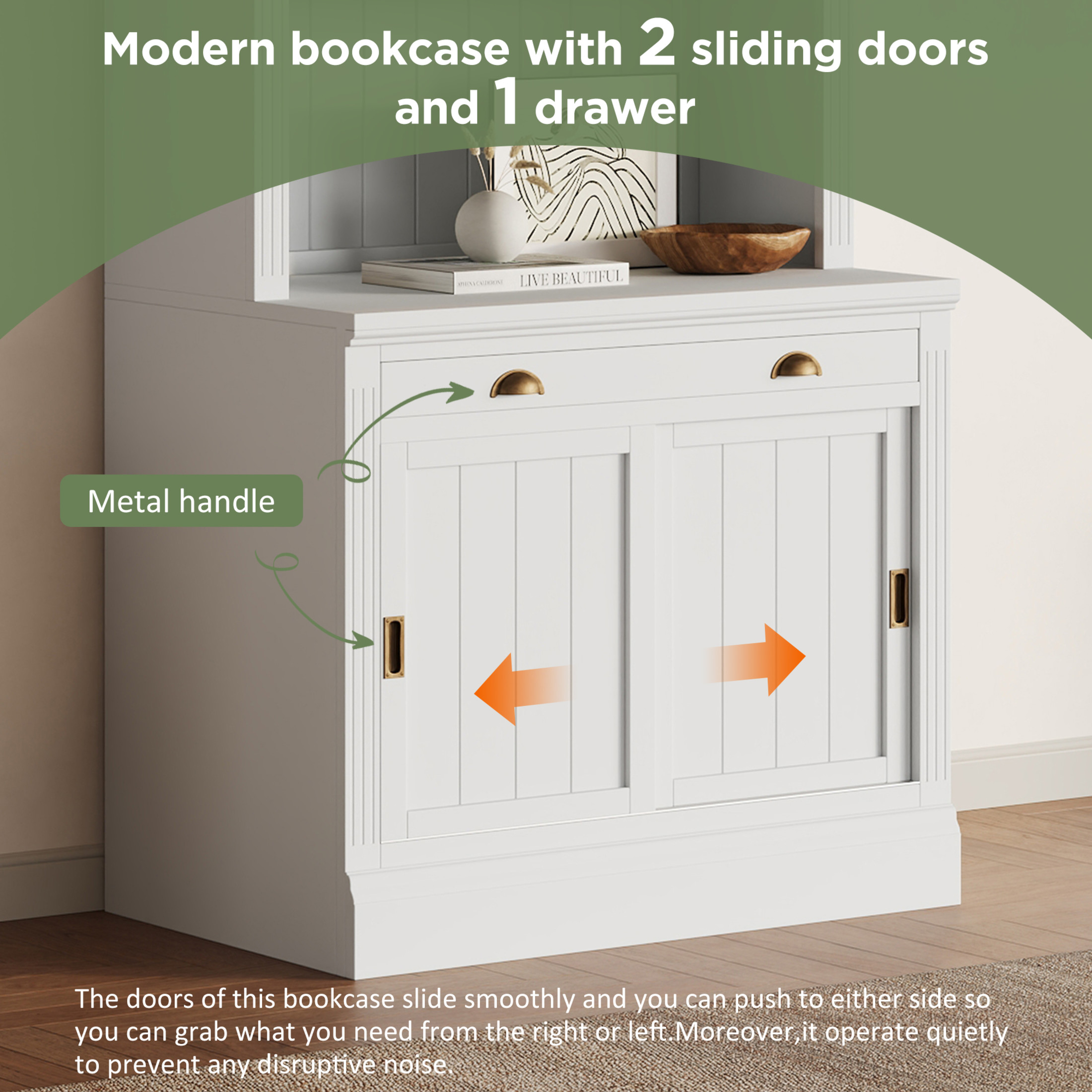 GDF Studio Caldon 83.4" Bookshelf with LED Lighting, Drawers & Sliding Doors, Modern Bookcase for Home Office, White, Set of 2