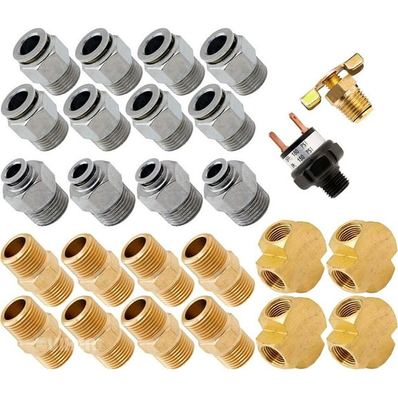 Vixen Air Set of Fittings for Eight 3/8" NPT Air Valves using 3/8" and 1/4" OD Air Lines, Pressure Switch Included VXK3802