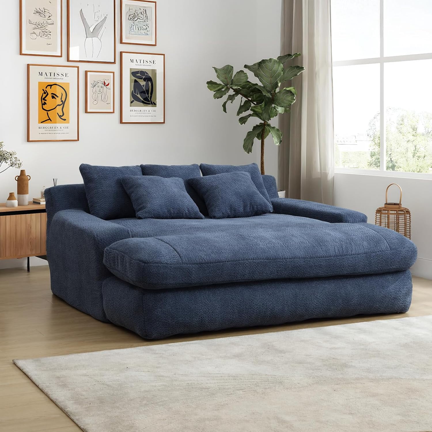 AENKYO Queen Size Sleeper Sofa Bed, Deep Seat Chaise Lounge w/5 Pillows,Space-Saving Multi-Functional Chenille Couch for Apartment Living - Blue